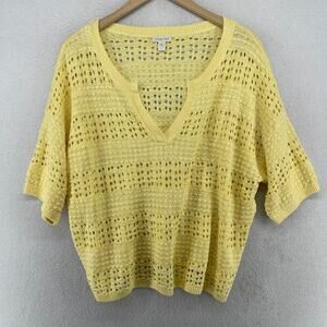 GARNET HILL Sweater L Boardwalk Linen Organic Cotton Popover Open Stitch Yellow